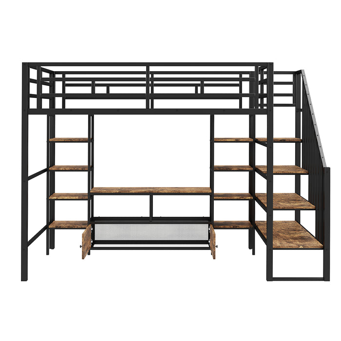 Full Size Metal Loft Bed with Staircase,Low Storage Table and Storage Shelves,Black