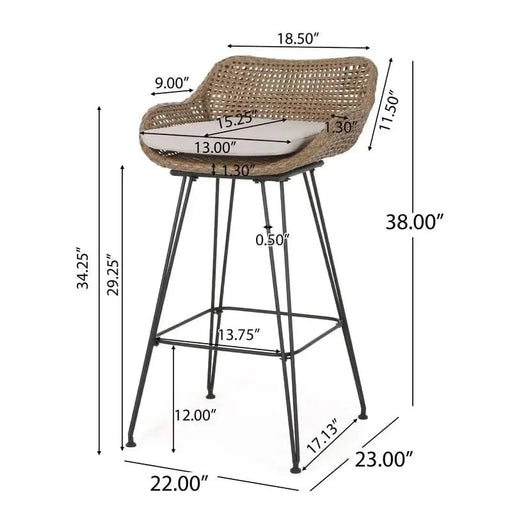 29.25' Outdoor Wicker and Iron Low Back Barstools, Light Brown, with Beige Cushion (Set of 2) Default -DTYStore