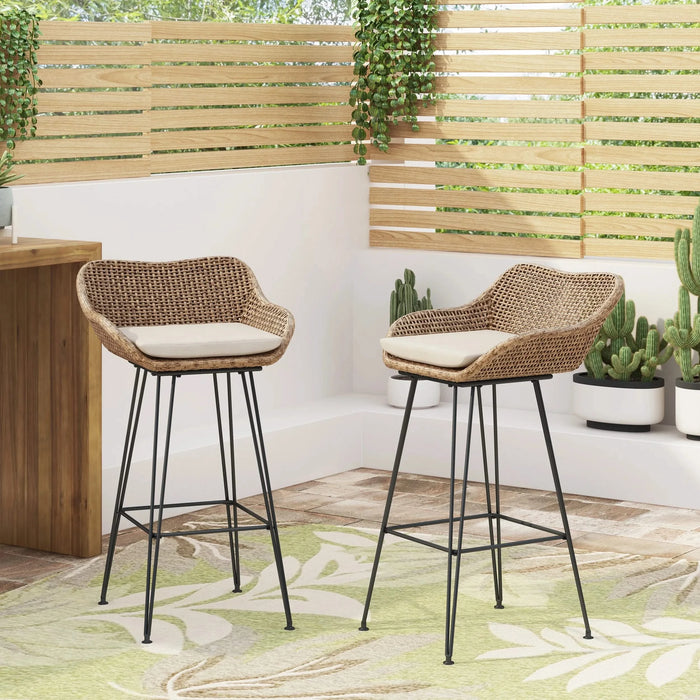 29.25' Outdoor Wicker and Iron Low Back Barstools, Light Brown, with Beige Cushion (Set of 2) Default -DTYStore