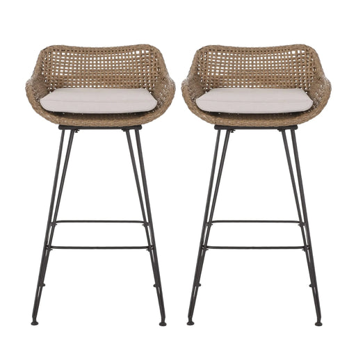 29.25' Outdoor Wicker and Iron Low Back Barstools, Light Brown, with Beige Cushion (Set of 2) Default -DTYStore