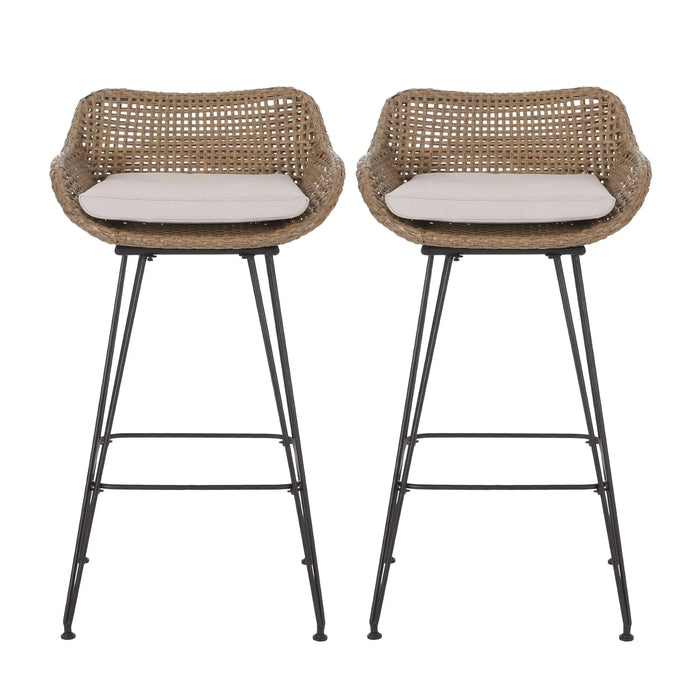 29.25' Outdoor Wicker and Iron Low Back Barstools, Light Brown, with Beige Cushion (Set of 2) Default -DTYStore