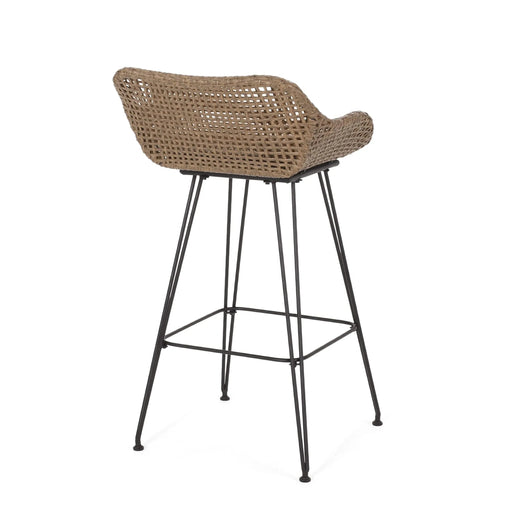 29.25' Outdoor Wicker and Iron Low Back Barstools, Light Brown, with Beige Cushion (Set of 2) Default -DTYStore