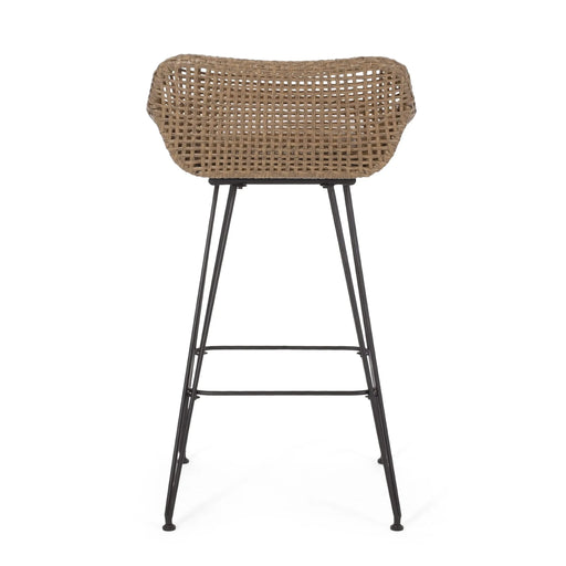 29.25' Outdoor Wicker and Iron Low Back Barstools, Light Brown, with Beige Cushion (Set of 2) Default -DTYStore