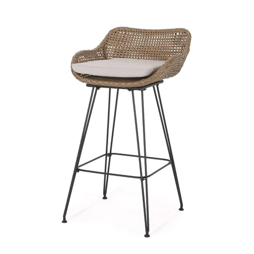 29.25' Outdoor Wicker and Iron Low Back Barstools, Light Brown, with Beige Cushion (Set of 2) Default -DTYStore