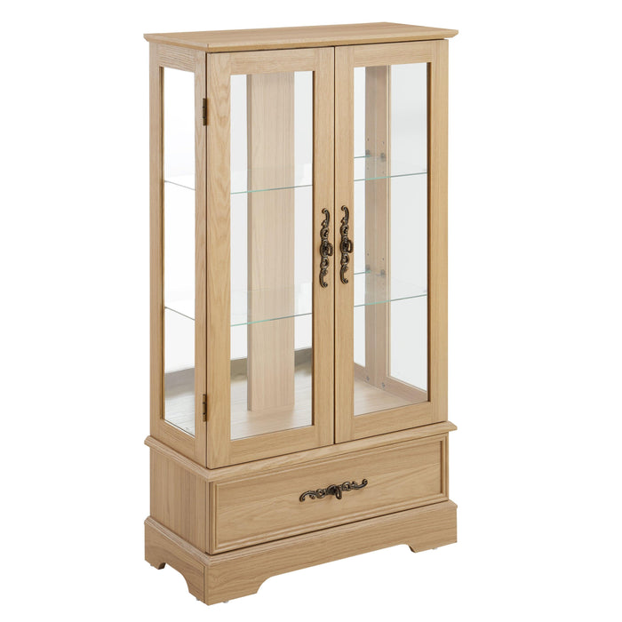 Glass Cabinet Lighted Glass Cabinet Curio Display Cabinet with Adjustable Glass Shelves 2 Doors and 1 drawer Cabinet Bulb Included OAK - DTYStore