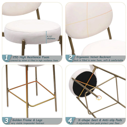 29'' Upholstered Bar Stools Velvet Counter Stool with Backrest & Footrest Set of 2 Round Dining Chairs for Kitchen(Creamy White) Default -DTYStore