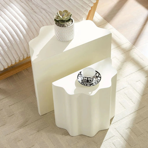 2PCS Set Side Table,Wavy Edges Design Fiberglass Coffee Table for Living Room,Bedroom,Modern Design End Table for Apartment,No Need Assembly Default -DTYStore