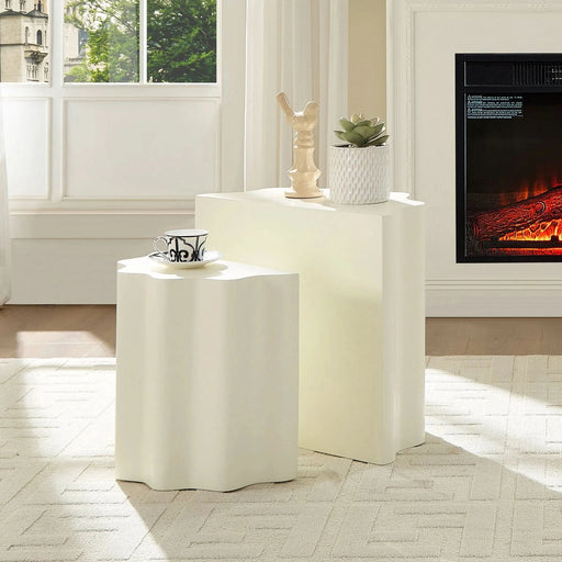 2PCS Set Side Table,Wavy Edges Design Fiberglass Coffee Table for Living Room,Bedroom,Modern Design End Table for Apartment,No Need Assembly Default -DTYStore