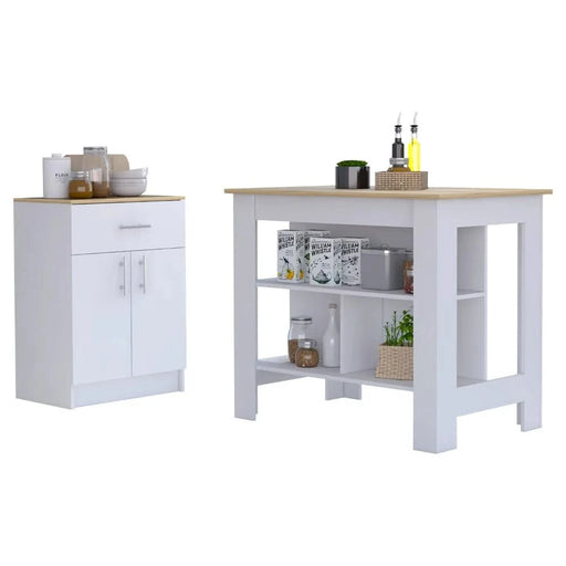 2 Piece Kitchen Set, Kitchen Island + Pantry Cabinet , White /Light Oak Default -DTYStore