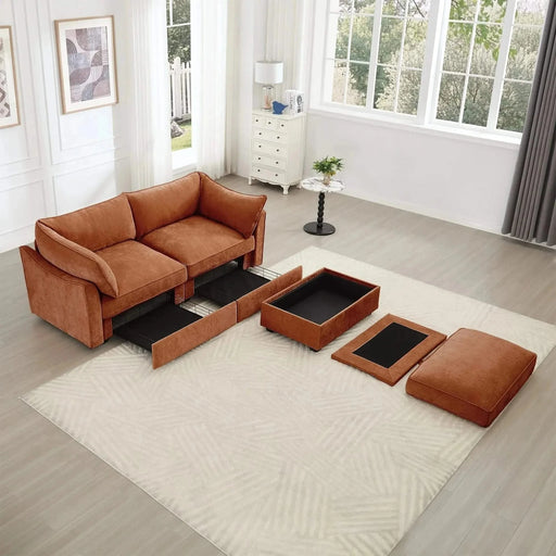 2 Seater Sofa With Footrest , 2-Seat Sofa with 1 Movable Ottoman, Pull out Storage Drawer Under Each Seat,Chenille Orange -DTYStore