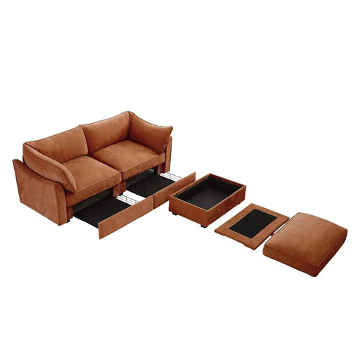 2 Seater Sofa With Footrest , 2-Seat Sofa with 1 Movable Ottoman, Pull out Storage Drawer Under Each Seat,Chenille Orange -DTYStore
