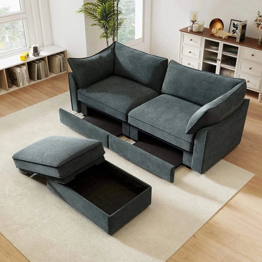 2 Seater Sofa With Footrest , 2-Seat Sofa with 1 Movable Ottoman, Pull out Storage Drawer Under Each Seat,Chenille Grey -DTYStore