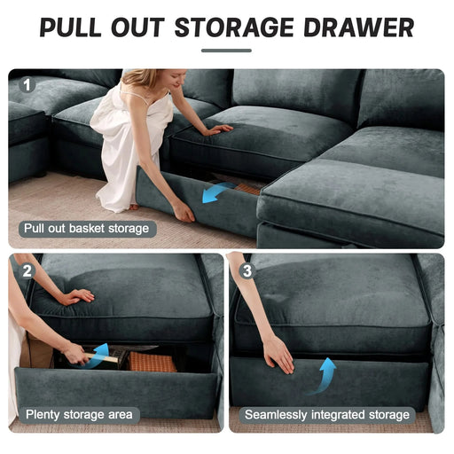 2 Seater Sofa With Footrest , 2-Seat Sofa with 2 Movable Ottoman, Pull out Storage Drawer Under Each Seat,Chenille Gary Default -DTYStore