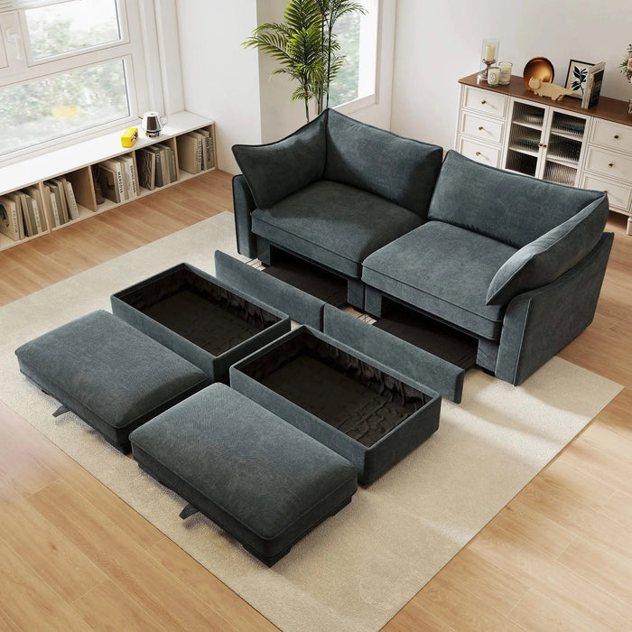 2 Seater Sofa With Footrest , 2-Seat Sofa with 2 Movable Ottoman, Pull out Storage Drawer Under Each Seat,Chenille Gary Default -DTYStore