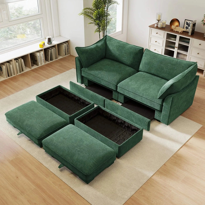 2 Seater Sofa With Footrest , 2-Seat Sofa with 2 Movable Ottoman, Pull out Storage Drawer Under Each Seat,Chenille Green Default -DTYStore