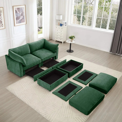 2 Seater Sofa With Footrest , 2-Seat Sofa with 2 Movable Ottoman, Pull out Storage Drawer Under Each Seat,Chenille Green Default -DTYStore