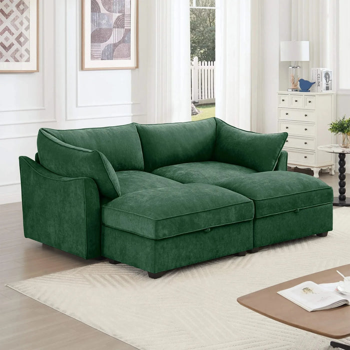 2 Seater Sofa With Footrest , 2-Seat Sofa with 2 Movable Ottoman, Pull out Storage Drawer Under Each Seat,Chenille Green Default -DTYStore