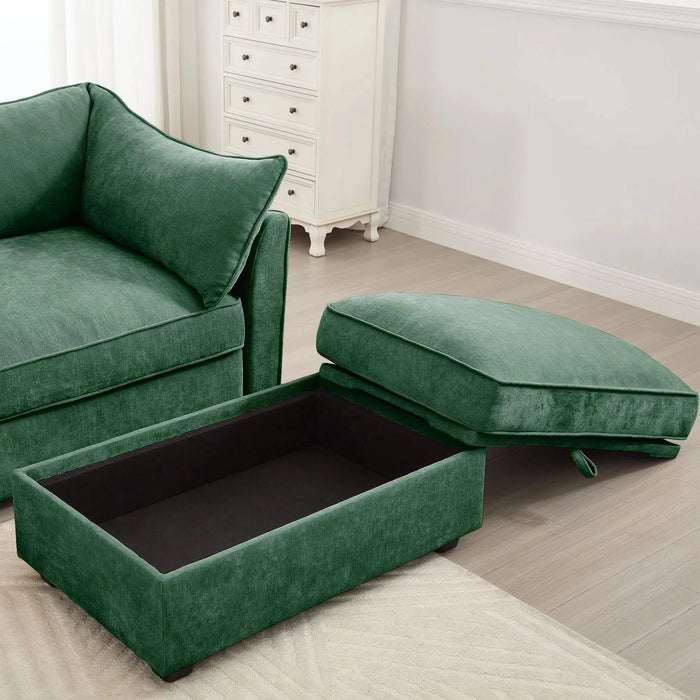 2 Seater Sofa With Footrest , 2-Seat Sofa with 2 Movable Ottoman, Pull out Storage Drawer Under Each Seat,Chenille Green Default -DTYStore