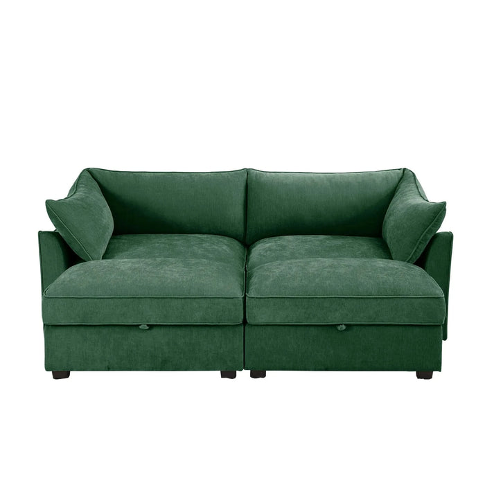 2 Seater Sofa With Footrest , 2-Seat Sofa with 2 Movable Ottoman, Pull out Storage Drawer Under Each Seat,Chenille Green Default -DTYStore