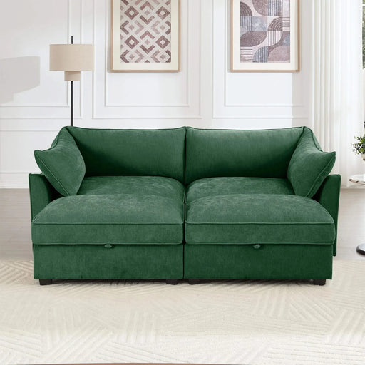 2 Seater Sofa With Footrest , 2-Seat Sofa with 2 Movable Ottoman, Pull out Storage Drawer Under Each Seat,Chenille Green Default -DTYStore
