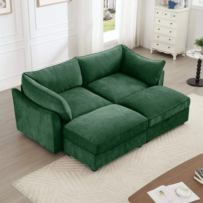 2 Seater Sofa With Footrest , 2-Seat Sofa with 2 Movable Ottoman, Pull out Storage Drawer Under Each Seat,Chenille Green Default -DTYStore