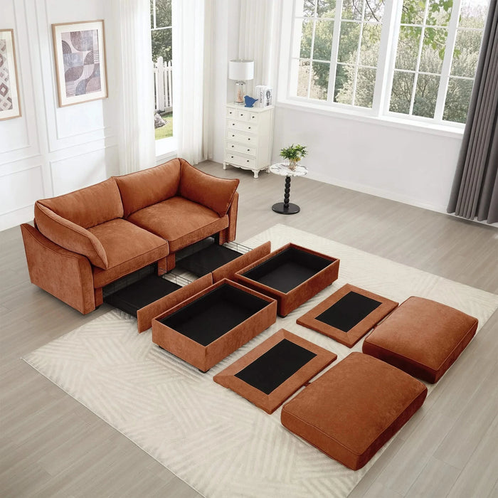 2 Seater Sofa With Footrest , 2-Seat Sofa with 2 Movable Ottoman, Pull out Storage Drawer Under Each Seat,Chenille Orange Default -DTYStore