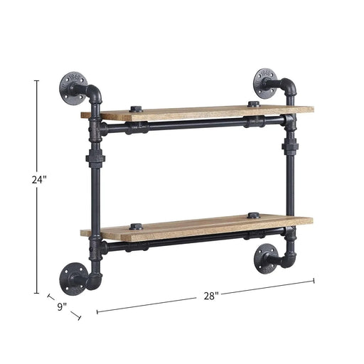 2 Tier Wall Shelf with Metal Tube, Oak and Sandy Black Default -DTYStore