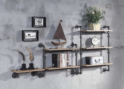 2 Tier Wall Shelf with Metal Tube, Oak and Sandy Black Default -DTYStore