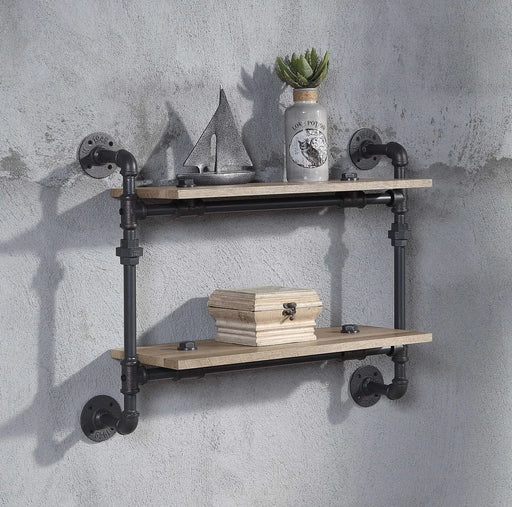 2 Tier Wall Shelf with Metal Tube, Oak and Sandy Black Default -DTYStore