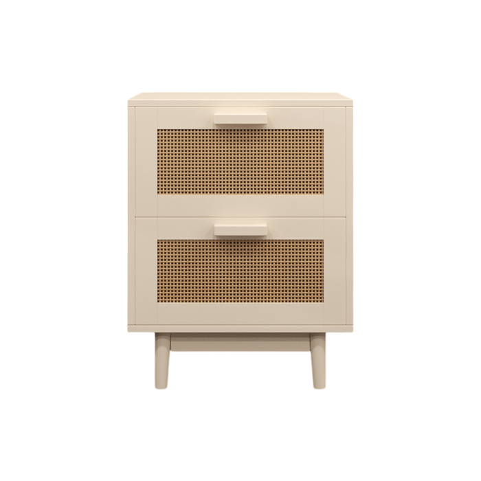 Rattan Nightstand, Wood End Table, Side Table with 2 Faux Rattan-Decorated Drawers, Bedside Table,Wood Accent Table with Storage for Livingroom, Bedroom,Burly wood