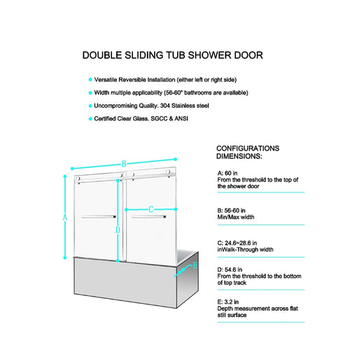 56-60'W x 60'H Frameless Double Sliding Tub Shower Door, 304 Stainless Steel in Matte Black, 5/16' (8mm) Thick SGCC Tempered Clear Glass. - Image 2