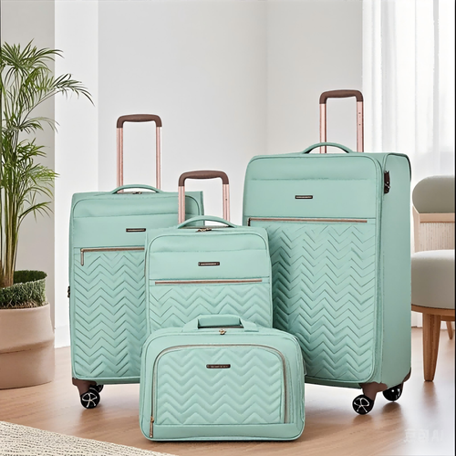 Softshell Suitcase Spinner Wheels Terylene Luggage Set Green 4-Piece Lightweight Durable - Image 2