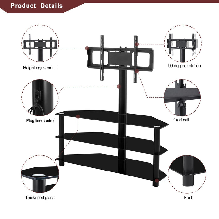 Black Multi-function TV Stand Height Adjustable Bracket Swivel 3-Tier - DTYStore