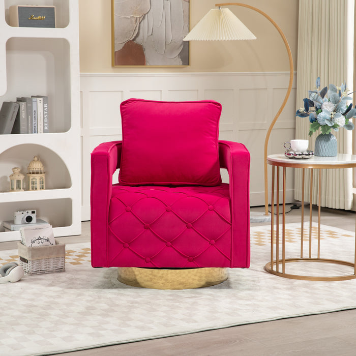 Swivel Accent Chair - Modern Accent Chair with Pillow, Velvet Armchair Side Chair with Tufted Button for Living Room, Bedroom, Office(RED)