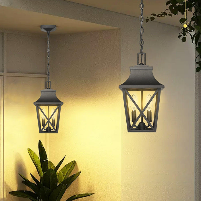 Outdoor Pendant Light Fixture, Black Farmhouse Outdoor Pendant Lights for Porch with Clear Glass, Modern Rectangular Exterior Hanging Lantern Light Fixtures (1 pack)