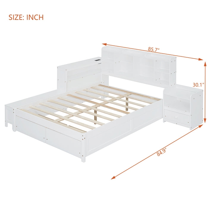 Full Size Wooden platform bed with Multi-functional Storage Space, Nightstand, 2 Drawers, USB Ports and Desk, White