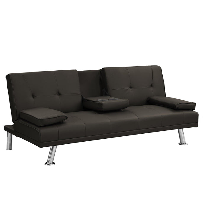 Sofa Bed with Armrest two holders WOOD FRAME, STAINLESS LEG, FUTON BROWN PVC,DARK BROWN - DTYStore