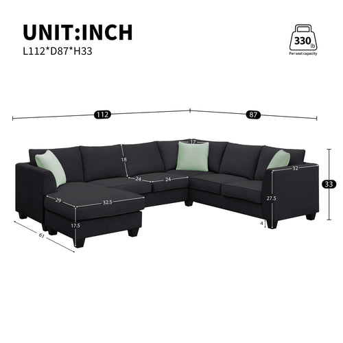 Modern Black L Shape Fabric Sectional Sofa with Ottoman and Pillows, 112*87 Inches, 7 Seats - Image 3