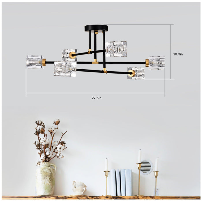 Modern Ceiling Lamp with Light Fixture (6*G9 Bulbs Included),Modern Semi Flush Mount Light Fixture Crystal Chandelier for Dining Room, Bedroom, Living Room--Matte Black 
+Matte Gold - DTYStore