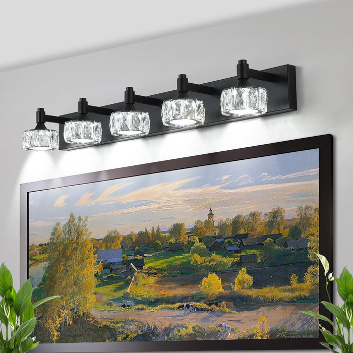 Modern 5-Light Matte Black LED Vanity Light Fixture with Crystal Glass Shades, Bathroom Wall Sconce for Elegant and Contemporary Home Decor