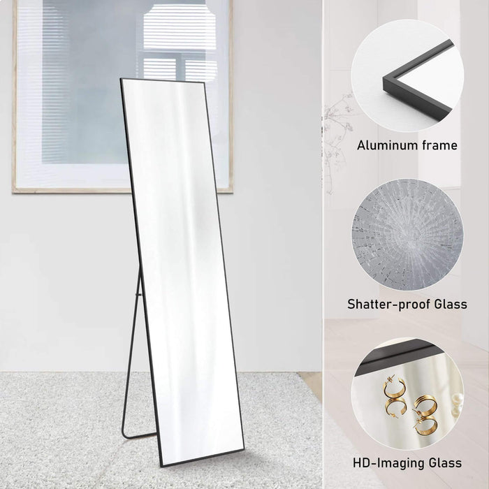 Floor Standing Mirror, Wall Mirror with Stand Aluminum Alloy Thin Frame,16''*59'',Black-rect - DTYStore