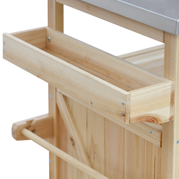 Outdoor Kitchen Island, Rolling Bar Cart & Storage Cabinet, Farmhouse Solid Wood Outdoor Grill Table with Stainless Steel Top, Spice Rack , Towel Rack for Kitchen & BBQ , Natural - DTYStore