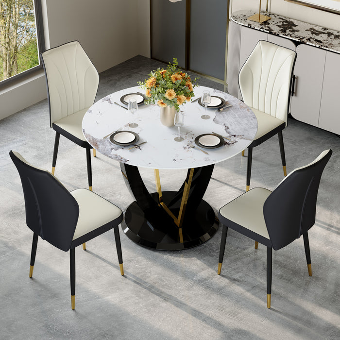 Table and chair set.A 42 Inch Diameter Round Tempered Glass Pandora marble patterned Dining Table - V-Shaped MDF Legs.Paired With 4 White and dark gray spliced PU Chairs.