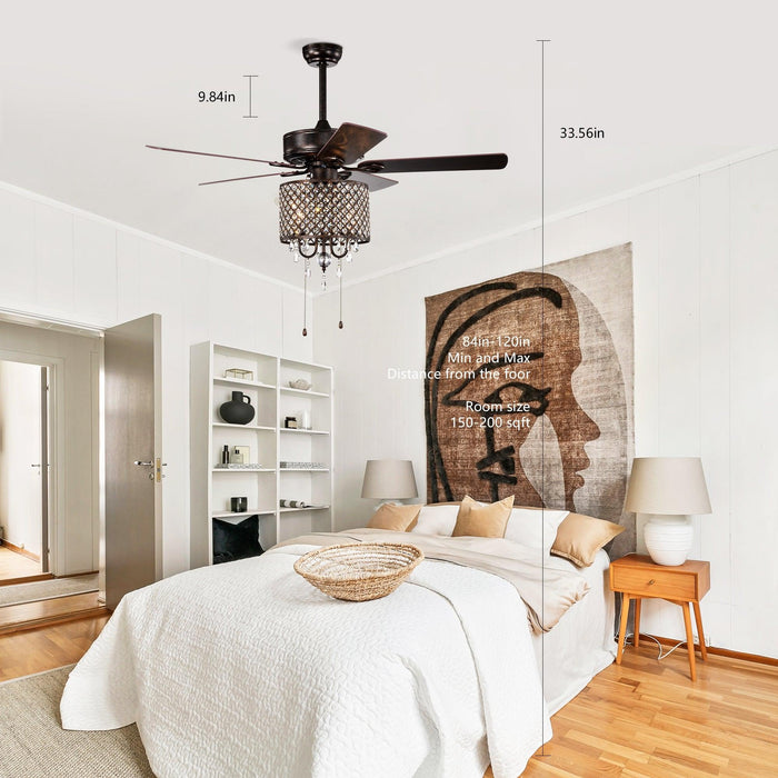 52'' Classical Crystal Ceiling Fan Lamp,3 Speed , 5 Reversible Blades for Living Room, Dining Room, Bedroom, Family Room, Rustic bronze ,3PCS*E12 (NO Include Bulb Hand Pull Chain) - DTYStore
