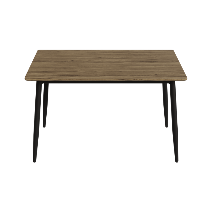 Modern minimalist walnut wood grain tabletop dining table and chair 4-piece set, stylish dining table, kitchen dining table, black metal leg design, suitable for 4-6 people dining
