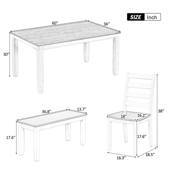 Rustic Style 6-Piece Dining Room Table Set with 4 Ergonomic Designed Chairs & a Bench (Walnut + Cottage White) - DTYStore