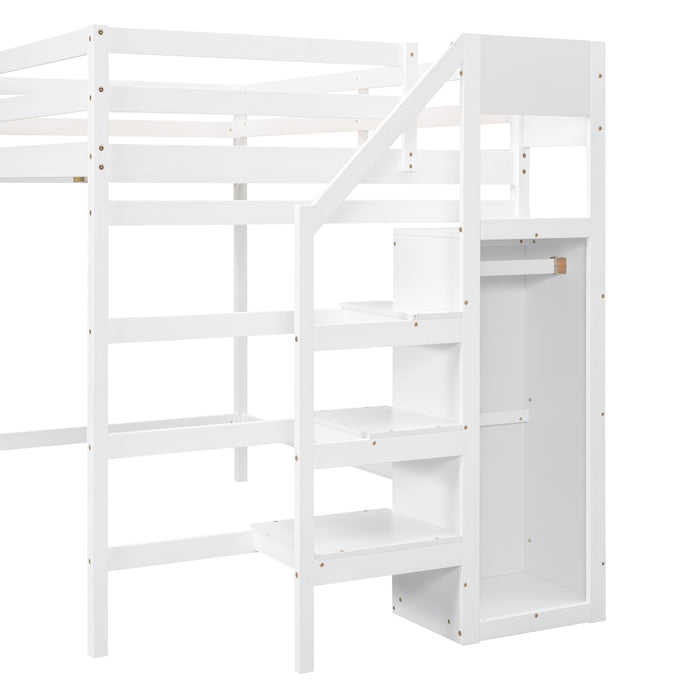 Full Size Loft Bed with Built-in Storage Wardrobe and Staircase, White(Old SKU:SM000527AAK)