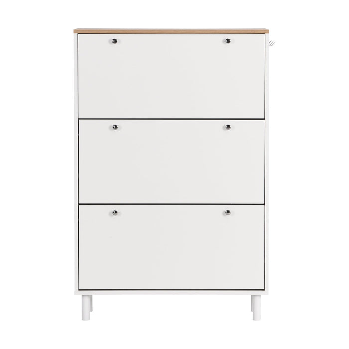 Narrow Design Tipping Bucket Shoe Cabinet with 3 Flip Drawers, Wood Grain Pattern Top Entryway Organizer with 3 Hooks, Free Standing Shoe Rack with Adjustable Panel for Hallway, White - DTYStore