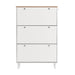 Narrow Design Tipping Bucket Shoe Cabinet with 3 Flip Drawers, Wood Grain Pattern Top Entryway Organizer with 3 Hooks, Free Standing Shoe Rack with Adjustable Panel for Hallway, White - DTYStore