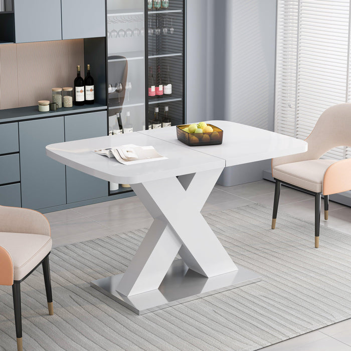 Modern Square Dining Table, Stretchable, White Table Top+MDF X-Shape Table Leg with Metal Base - DTYStore